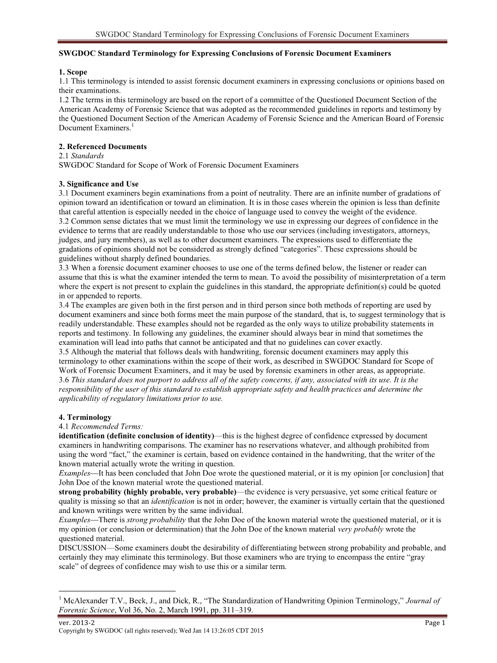 SWGDOC Standard Terminology for Expressing Conclusions of Forensic Document Examiners