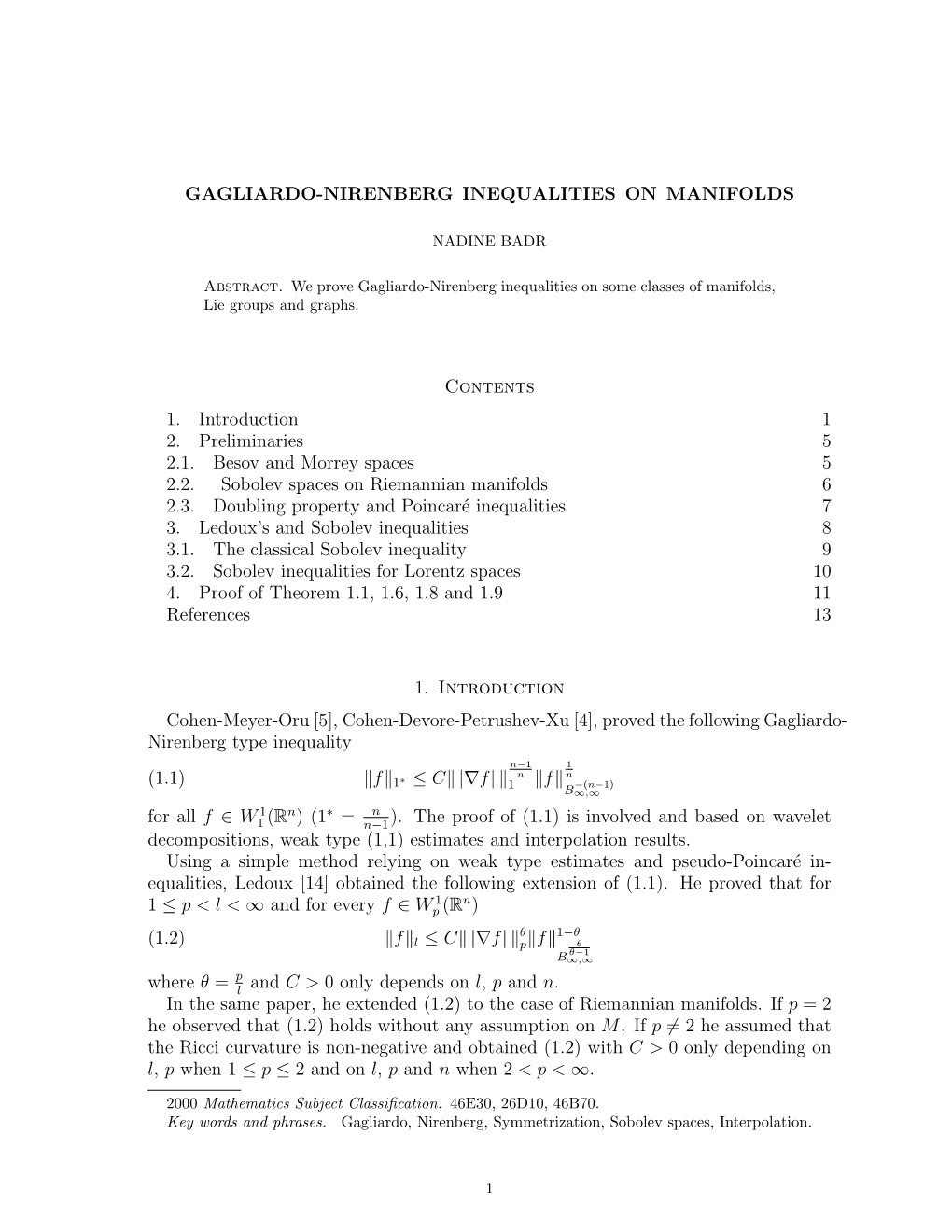 Gagliardo-Nirenberg Inequalities on Manifolds