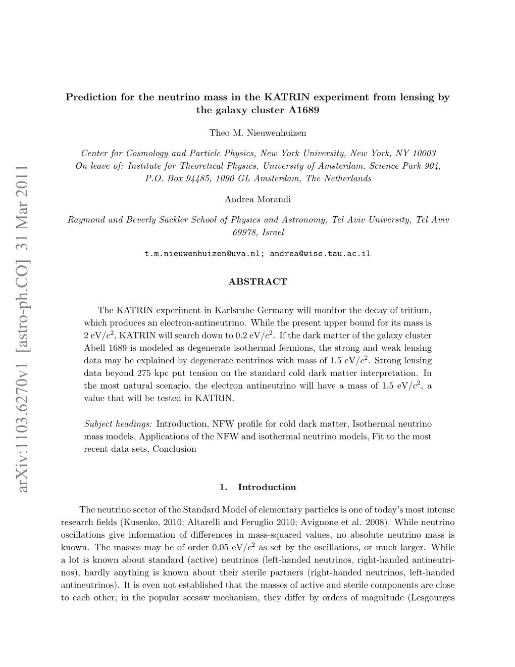 Prediction for the Neutrino Mass in the KATRIN Experiment from Lensing by the Galaxy Cluster A1689