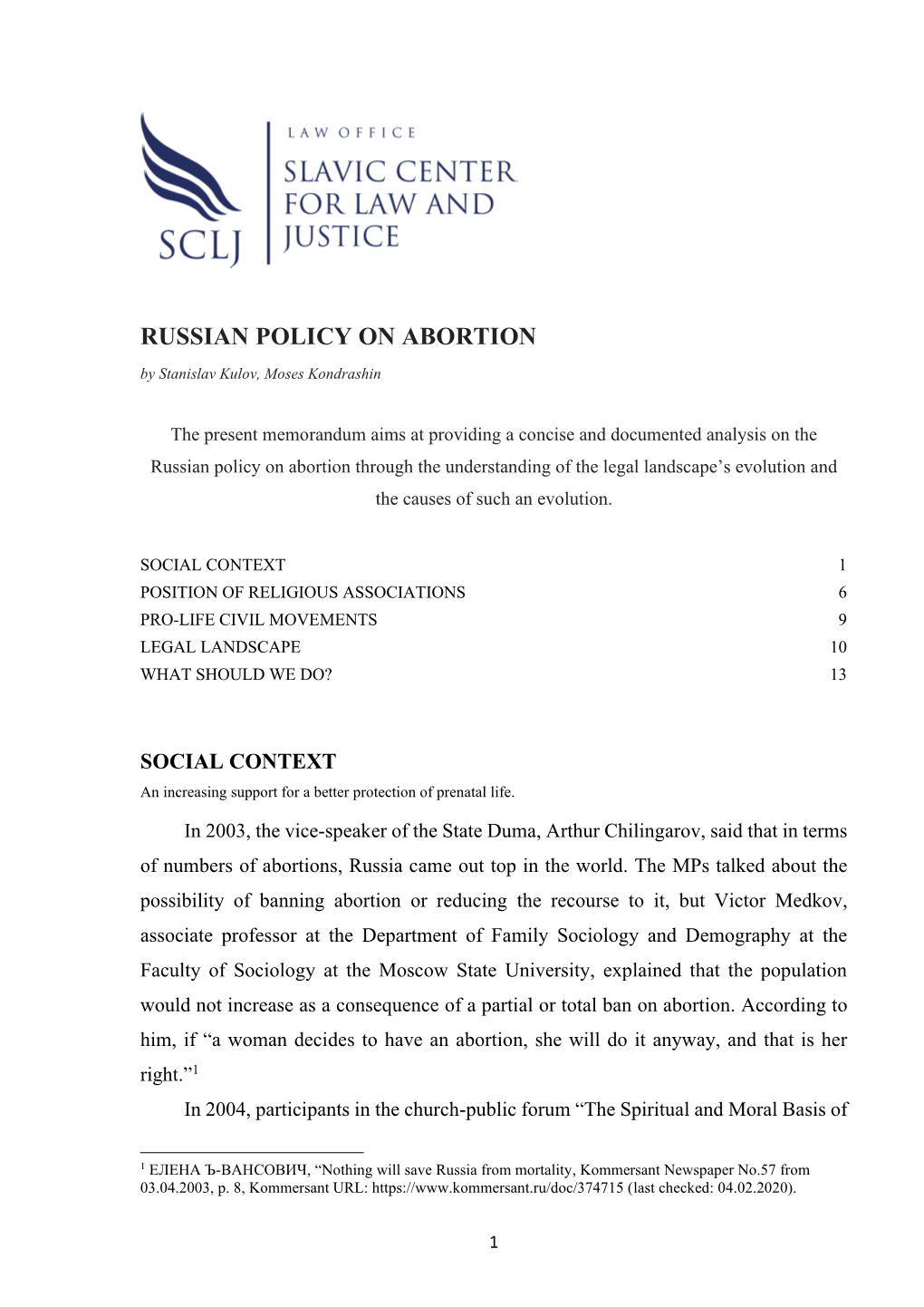 RUSSIAN POLICY on ABORTION by Stanislav Kulov, Moses Kondrashin