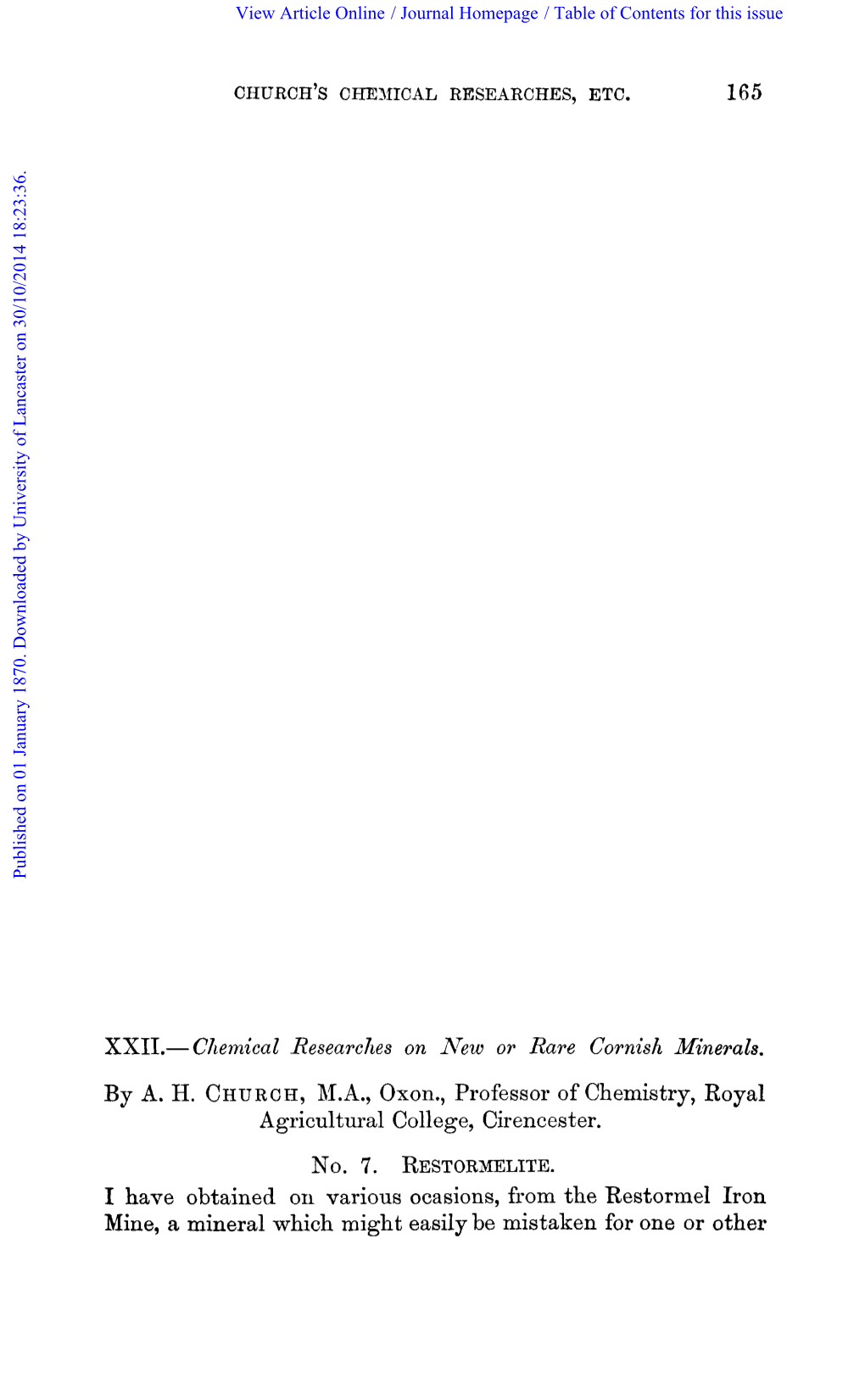 NO. 7. RESTORMELITE. I Have Obtained on Various Ocasions, from the Restormel Iron Mine, a Mineral Which Might Easilybe Mistaken for One Or Other View Article Online