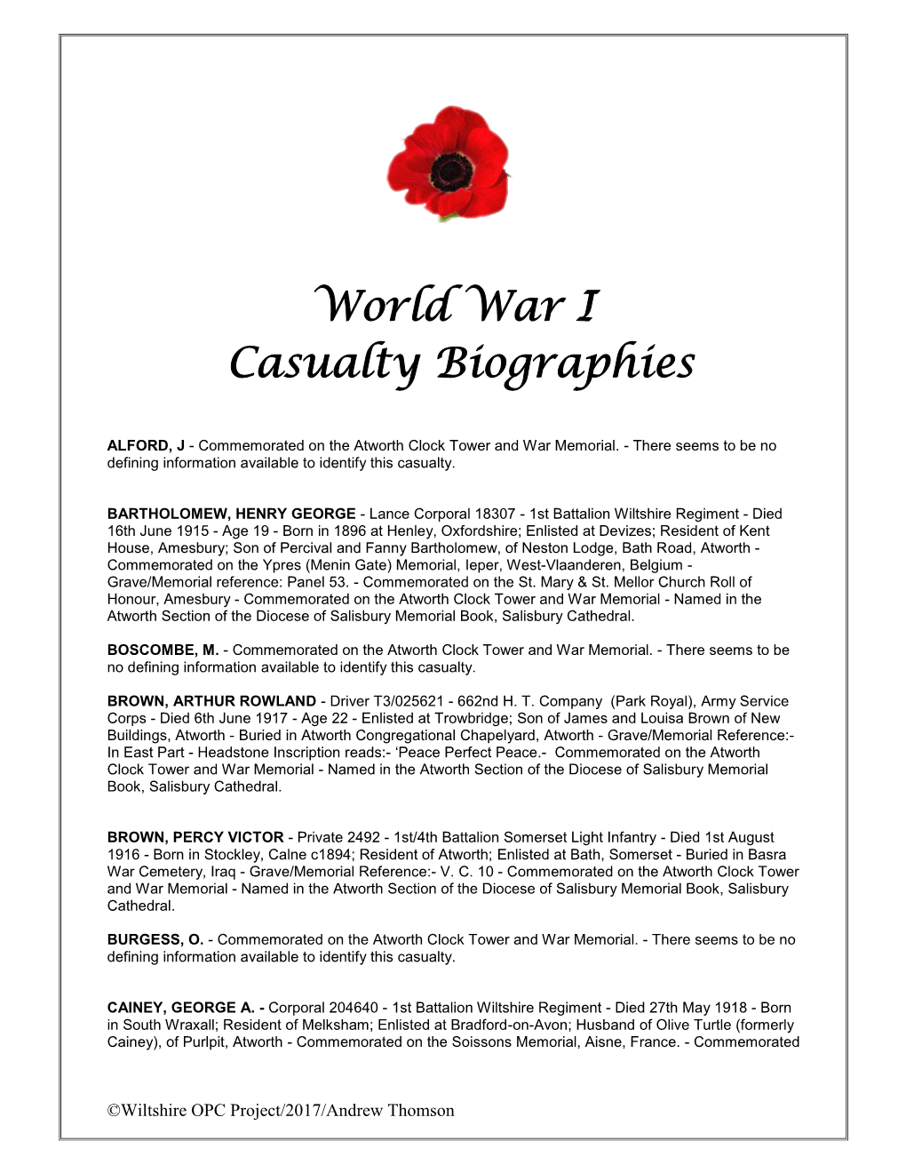 World War I Casualty Biographies