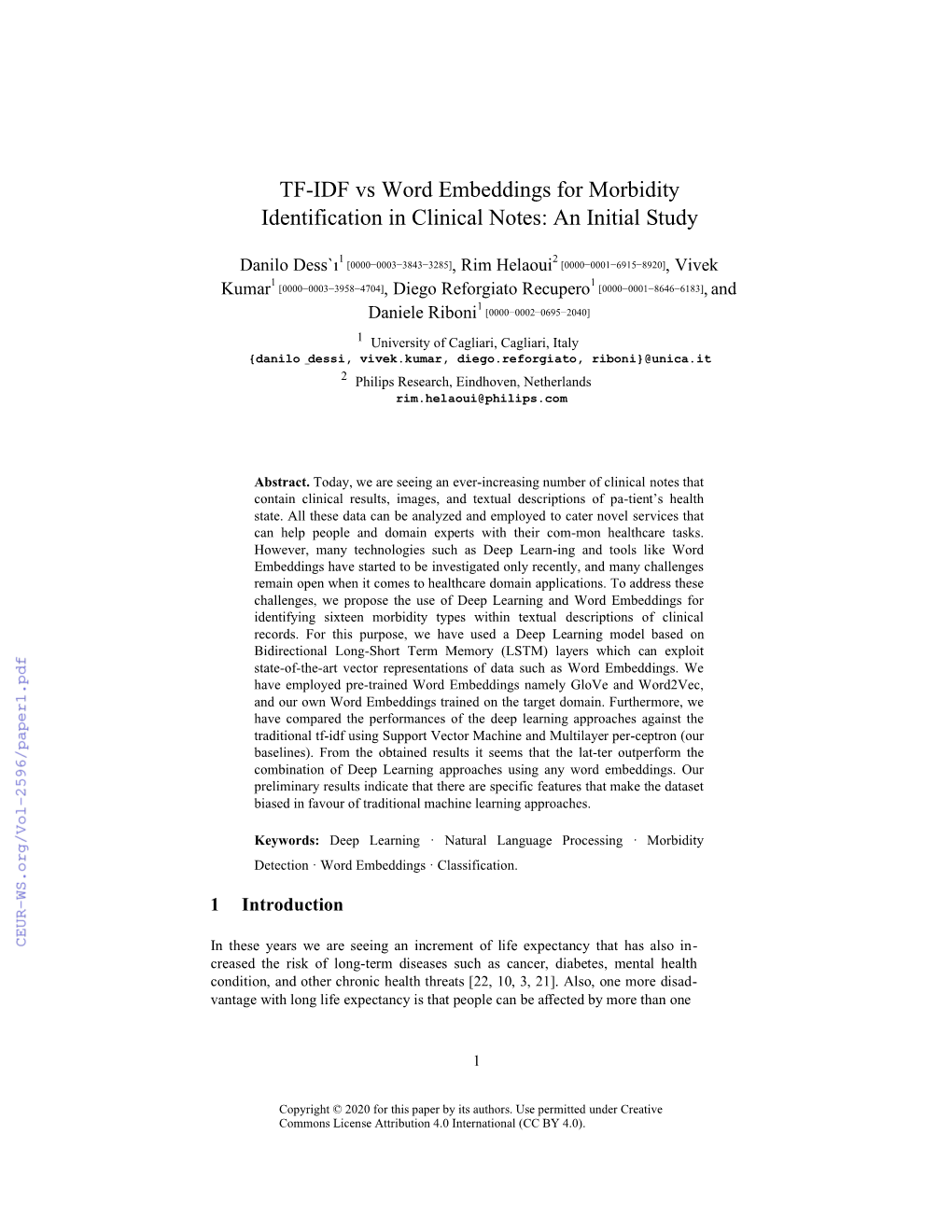 TF-IDF Vs Word Embeddings for Morbidity Identification in Clinical Notes: an Initial Study