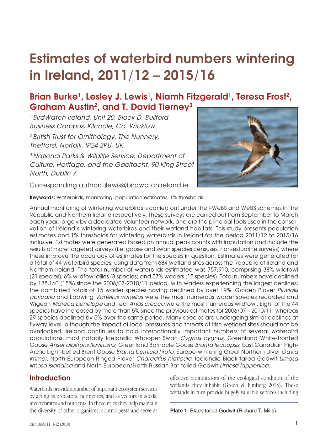 Estimates of Waterbird Numbers Wintering in Ireland, 2011/12 – 2015/16