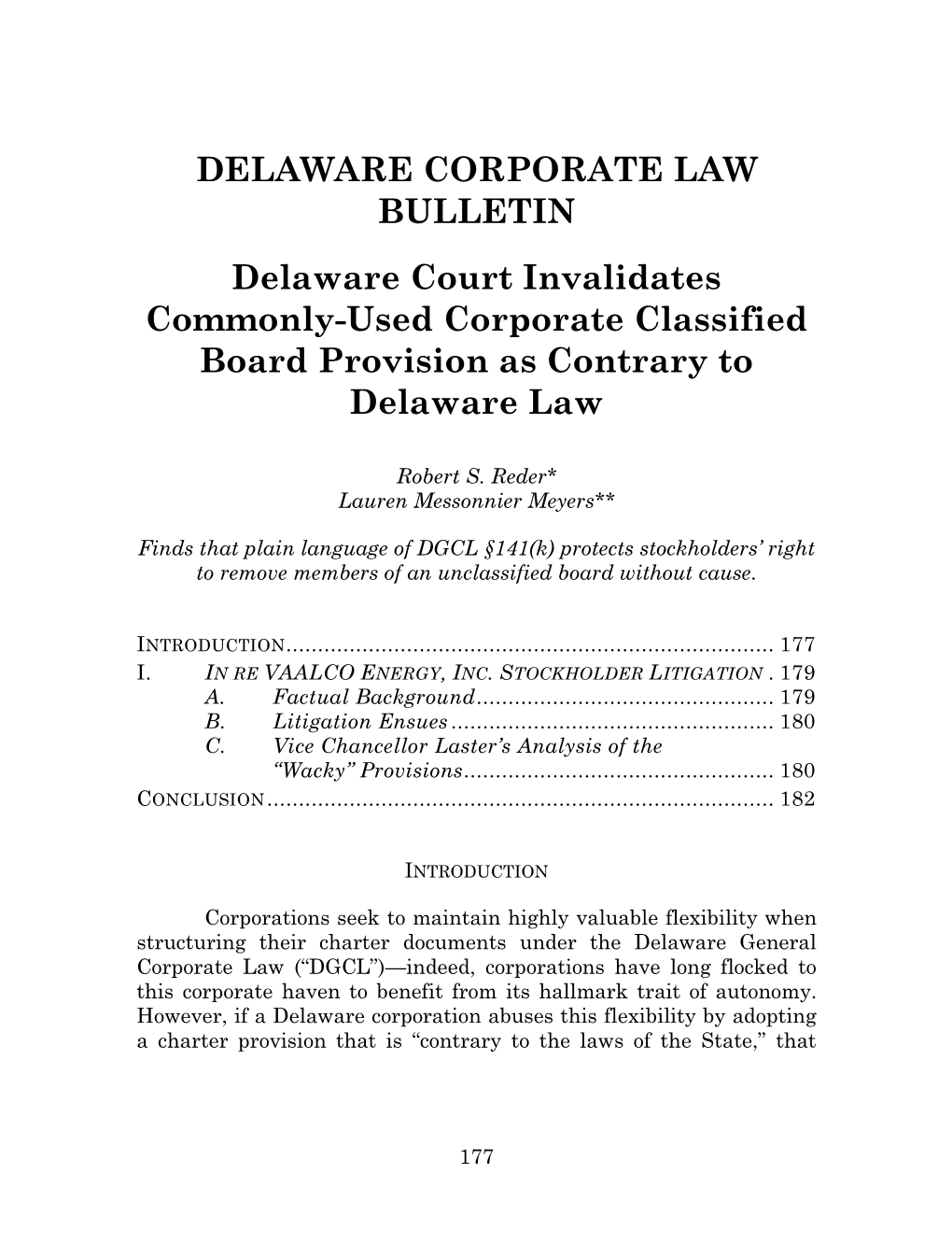 Delaware Court Invalidates Commonly-Used Corporate Classified Board Provision As Contrary to Delaware Law