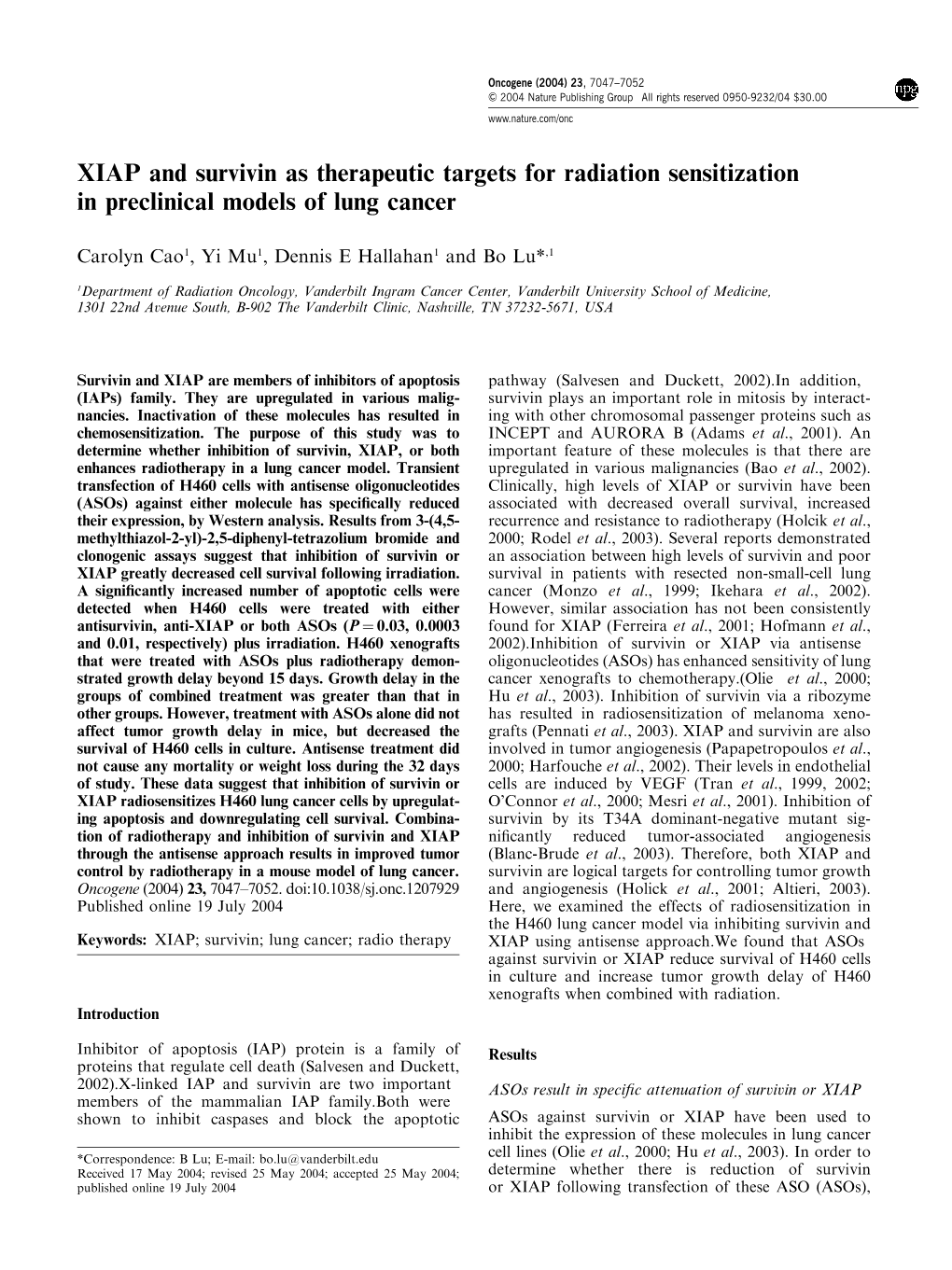 XIAP and Survivin As Therapeutic Targets for Radiation Sensitization in Preclinical Models of Lung Cancer