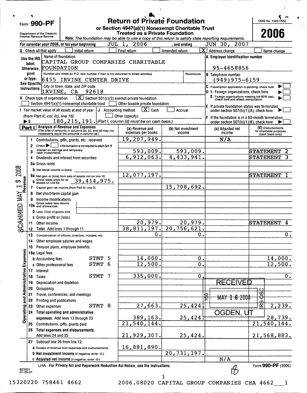 Form 990-PF Return of Private Foundation RECEI VE MAY 16 OGDEN T