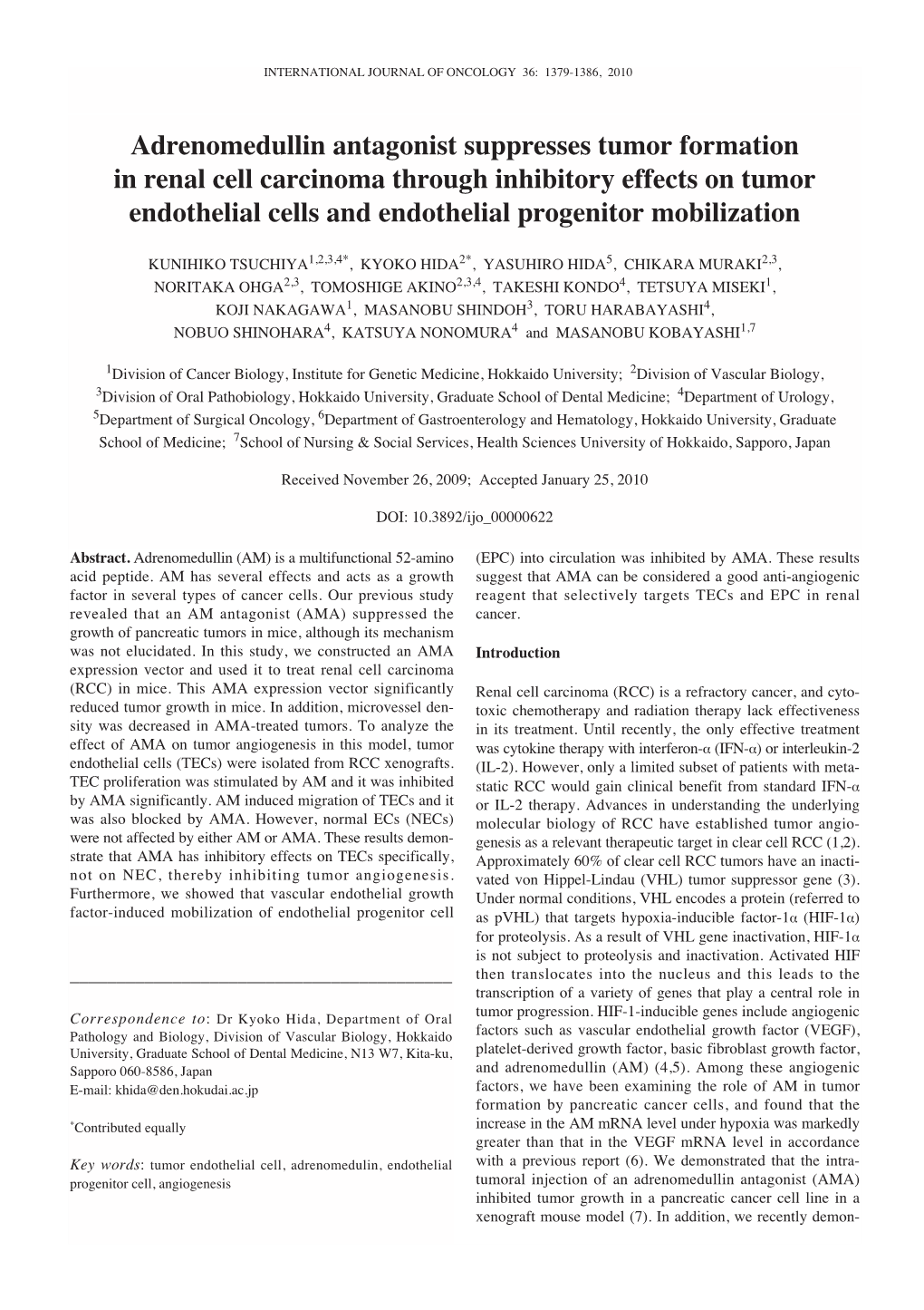 Adrenomedullin Antagonist Suppresses Tumor Formation in Renal