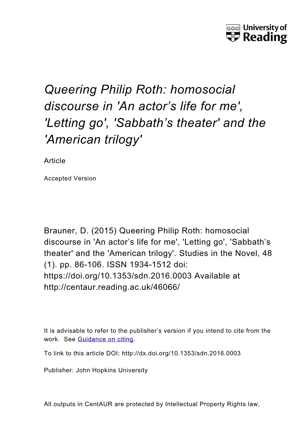 Queering Philip Roth: Homosocial Discourse in 'An Actor's