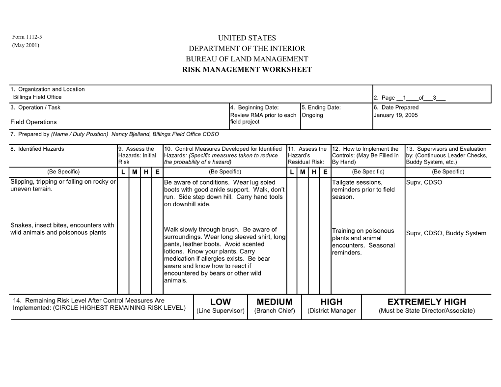 Blm Risk Management Worksheet