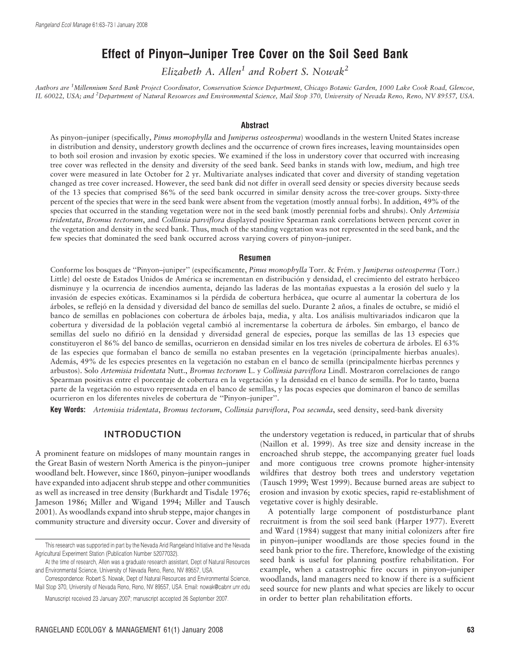 Effect of Pinyon–Juniper Tree Cover on the Soil Seed Bank Elizabeth A