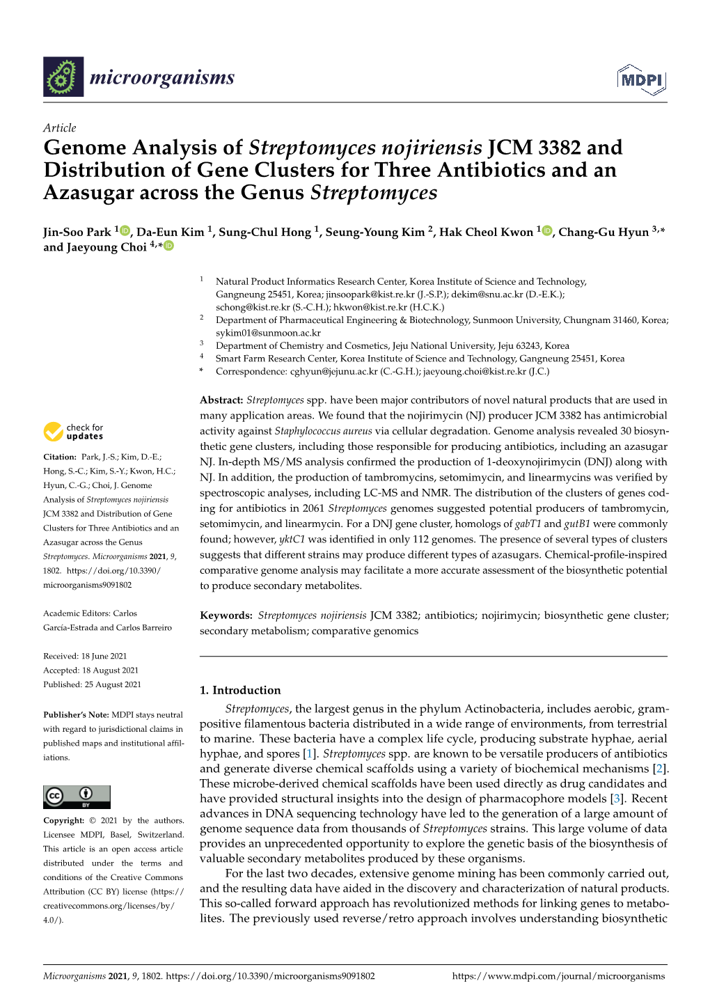 Genome Analysis of Streptomyces Nojiriensis JCM 3382 and Distribution of Gene Clusters for Three Antibiotics and an Azasugar Across the Genus Streptomyces