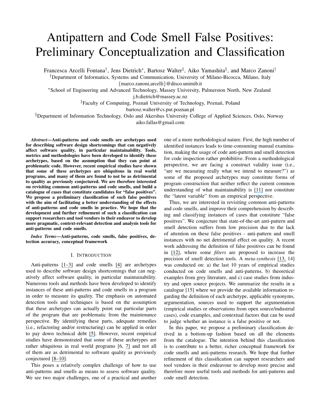 Antipattern and Code Smell False Positives: Preliminary Conceptualization and Classiﬁcation