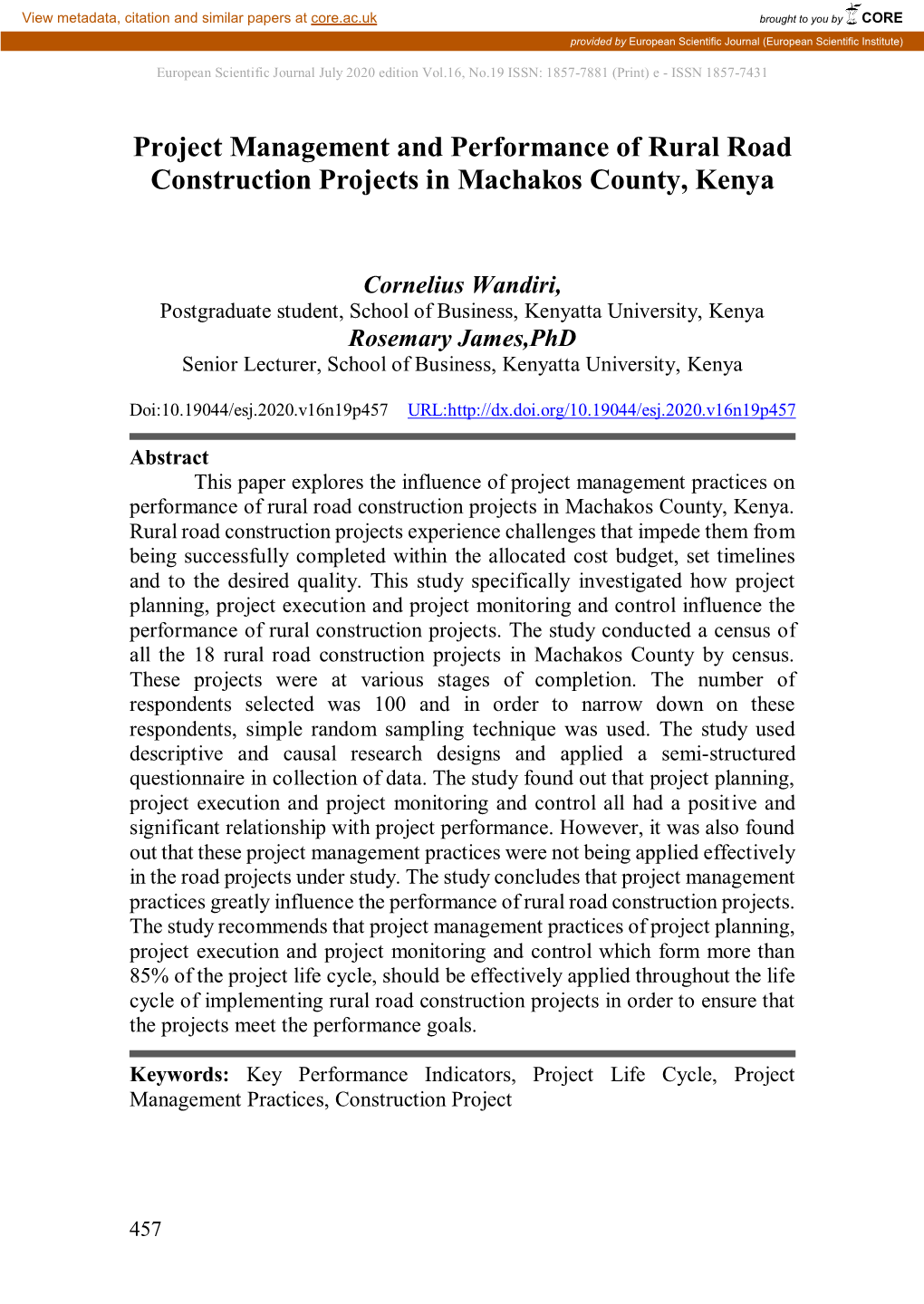 Project Management and Performance of Rural Road Construction Projects in Machakos County, Kenya