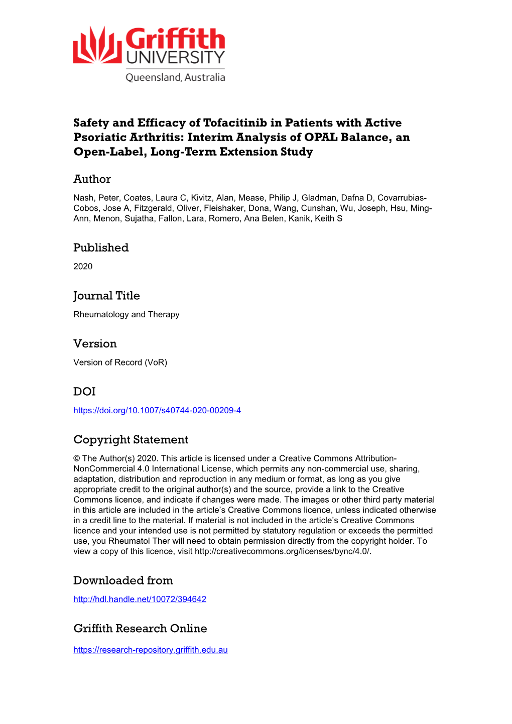 Safety and Efficacy of Tofacitinib in Patients with Active Psoriatic Arthritis: Interim Analysis of OPAL Balance, an Open-Label, Long-Term Extension Study