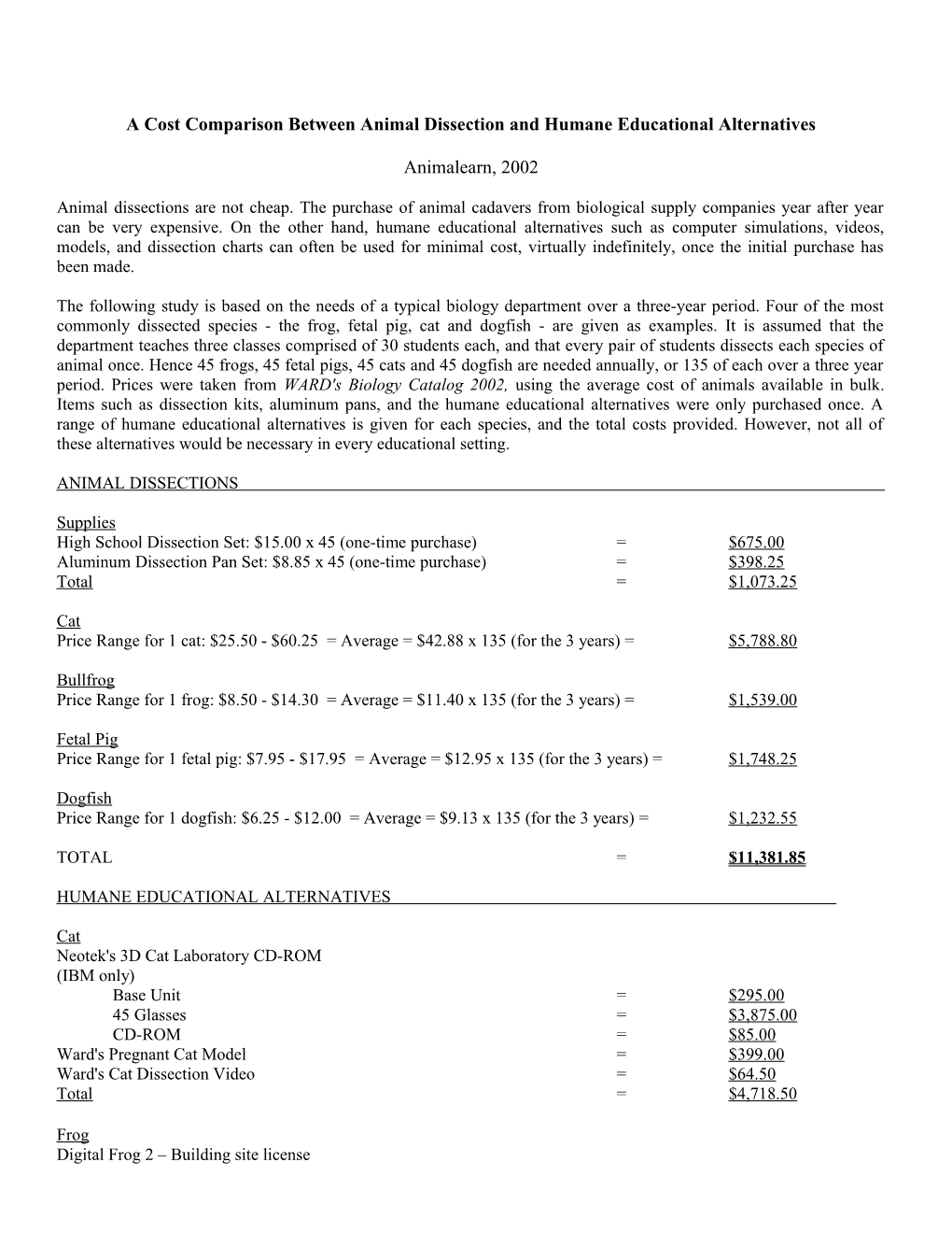 A Cost Comparison Between Animal Dissection and Humane Alternatives