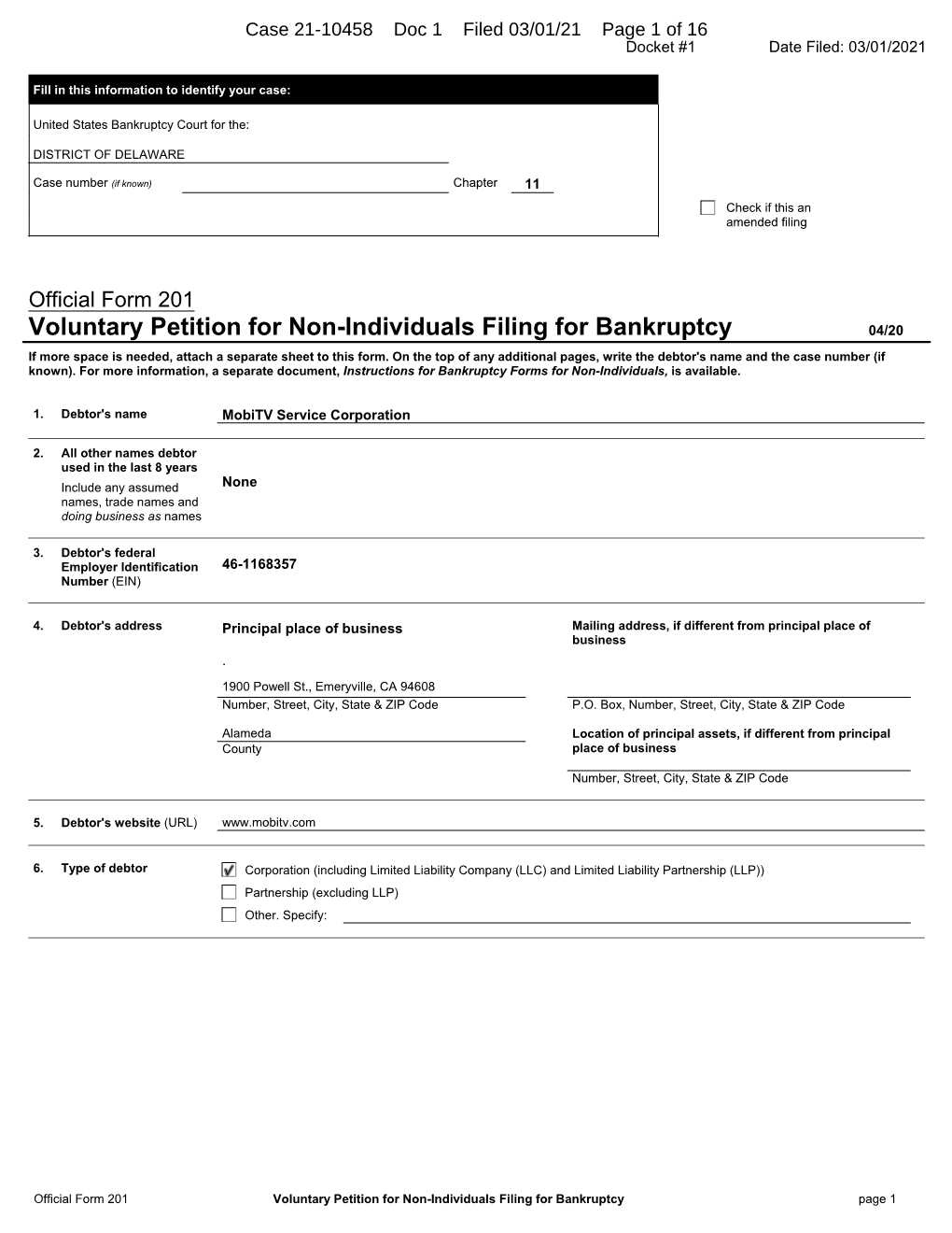 Voluntary Petition for Non-Individuals Filing for Bankruptcy 04/20 If More Space Is Needed, Attach a Separate Sheet to This Form