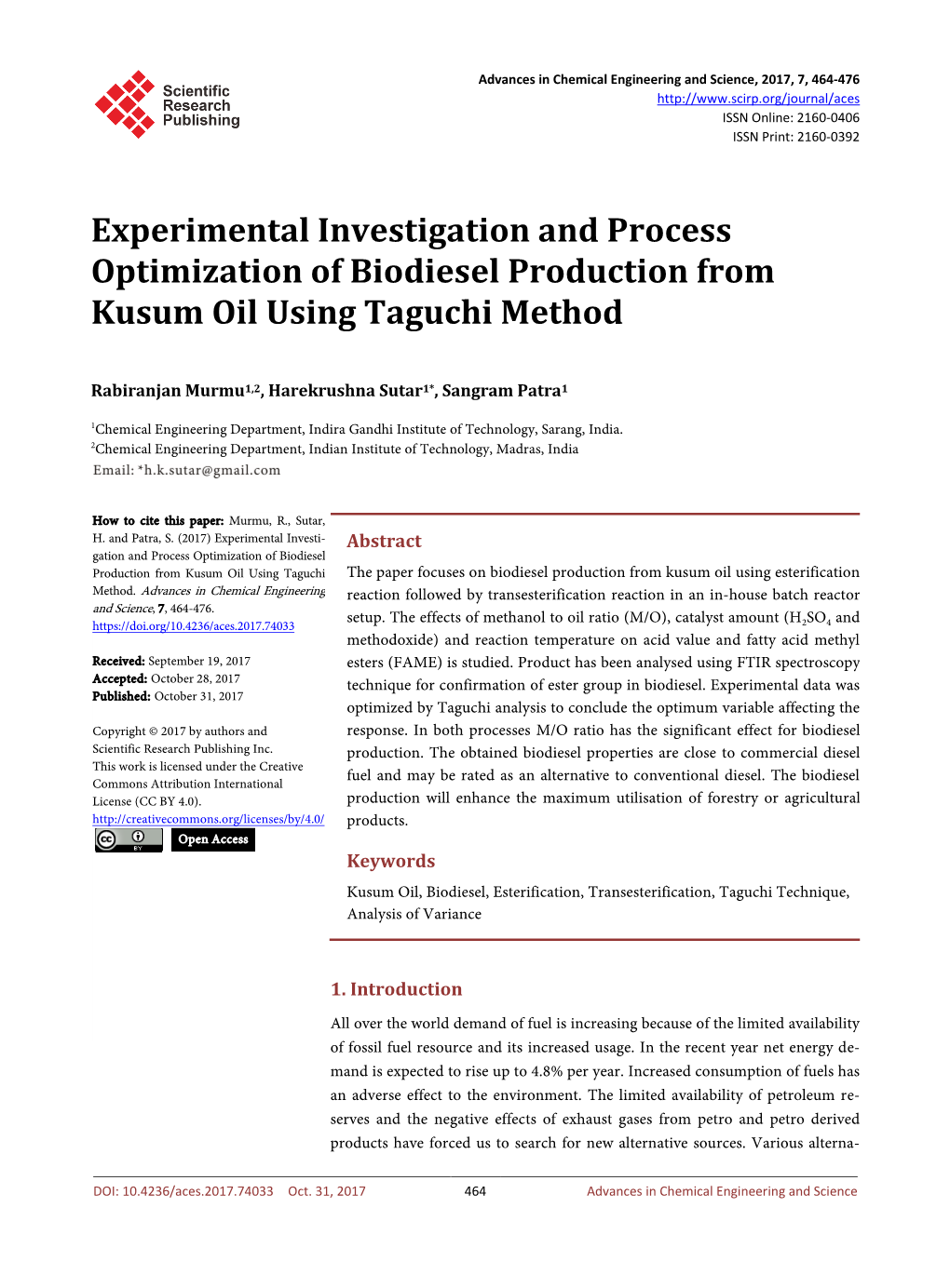 Experimental Investigation and Process Optimization of Biodiesel Production from Kusum Oil Using Taguchi Method
