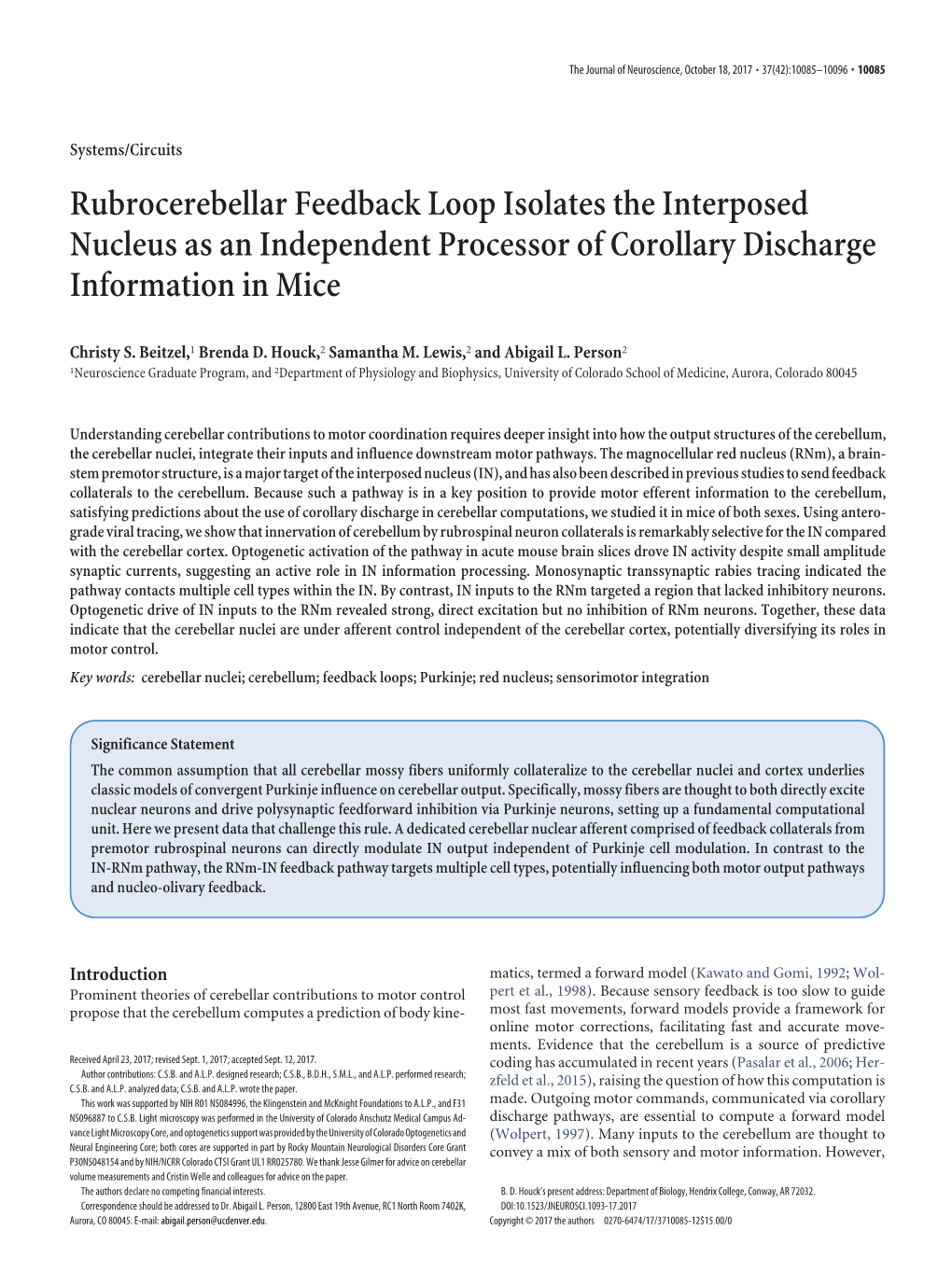 Rubrocerebellar Feedback Loop Isolates the Interposed Nucleus As an Independent Processor of Corollary Discharge Information in Mice