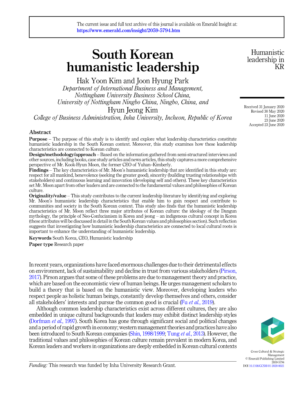 South Korean Humanistic Leadership Model However, When Mr