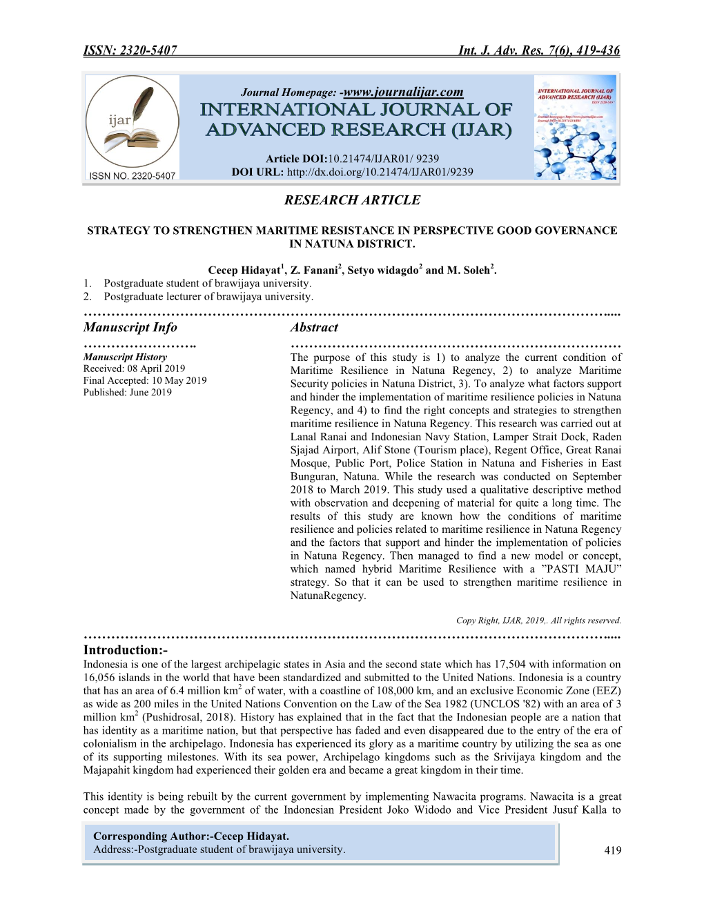 ISSN: 2320-5407 Int. J. Adv. Res. 7(6), 419-436 RESEARCH ARTICLE