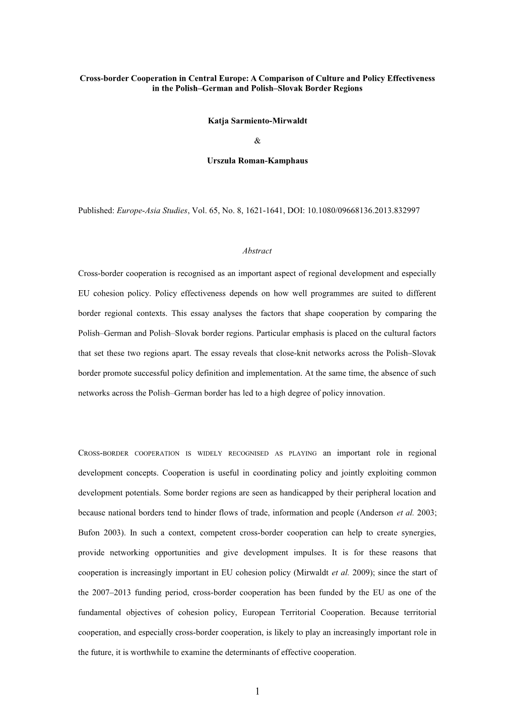 Cross-Border Cooperation in Central Europe: a Comparison of Culture and Policy Effectiveness