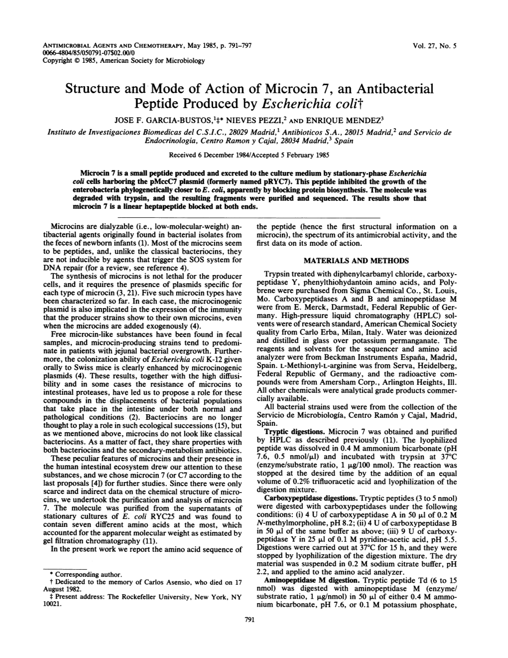 Structure and Mode of Action of Microcin 7, an Antibacterial Peptide Produced by Escherichia Colit JOSE F