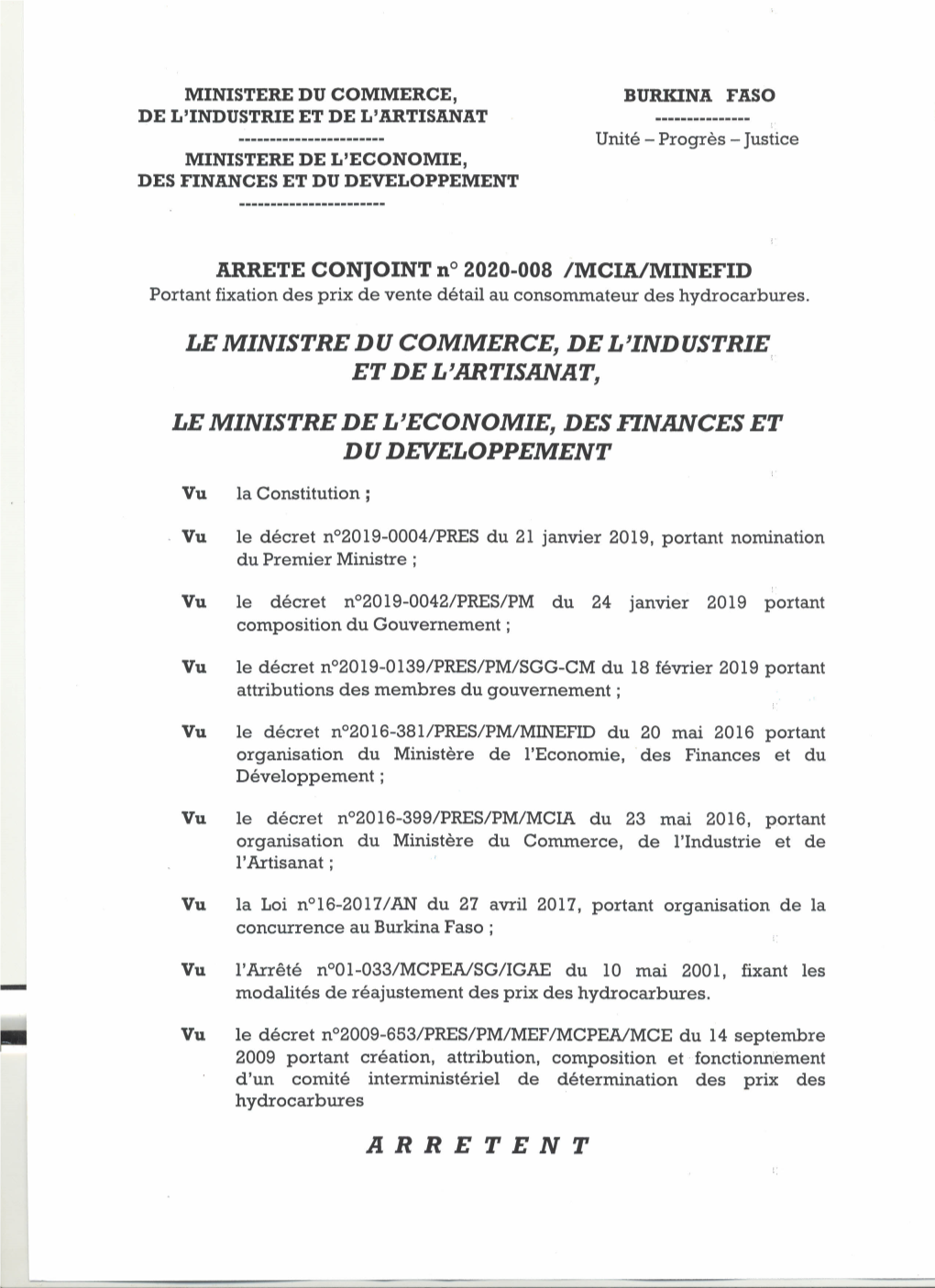 Structure Des Prix Du 13 Mai 2020 De L'arrêté Conjoint N°2020