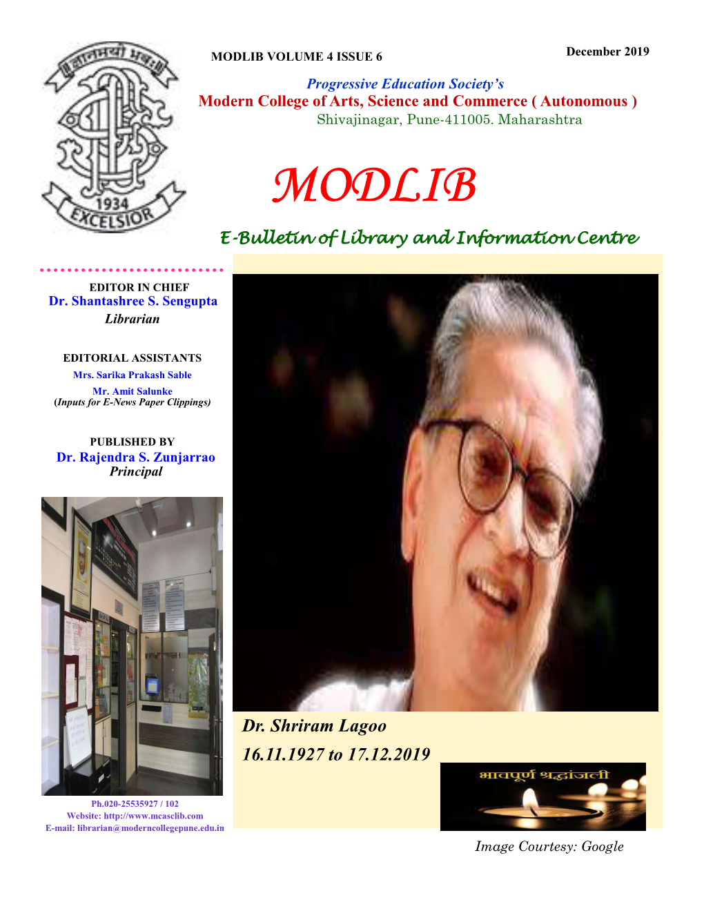 MODLIB VOLUME 4 ISSUE 6 December 2019 Progressive Education Society’S Modern College of Arts, Science and Commerce ( Autonomous ) Shivajinagar, Pune-411005