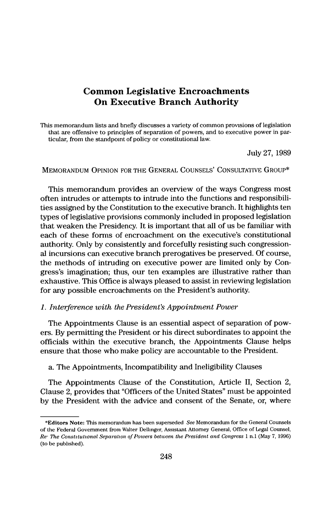 Common Legislative Encroachments on Executive Branch Authority