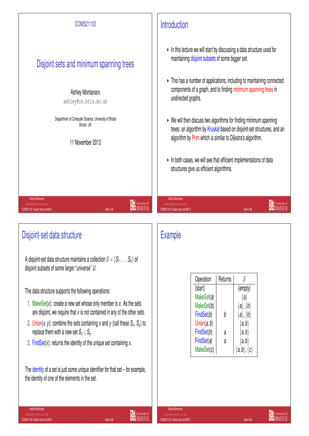 Disjoint Sets and Minimum Spanning Trees Introduction Disjoint-Set Data