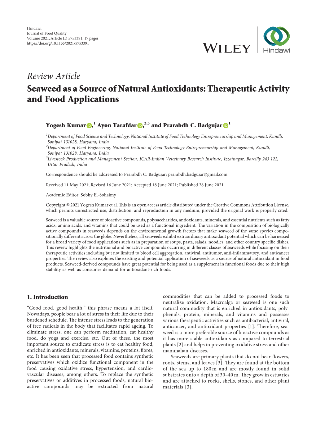 Review Article Seaweed As a Source of Natural Antioxidants: Therapeutic Activity and Food Applications