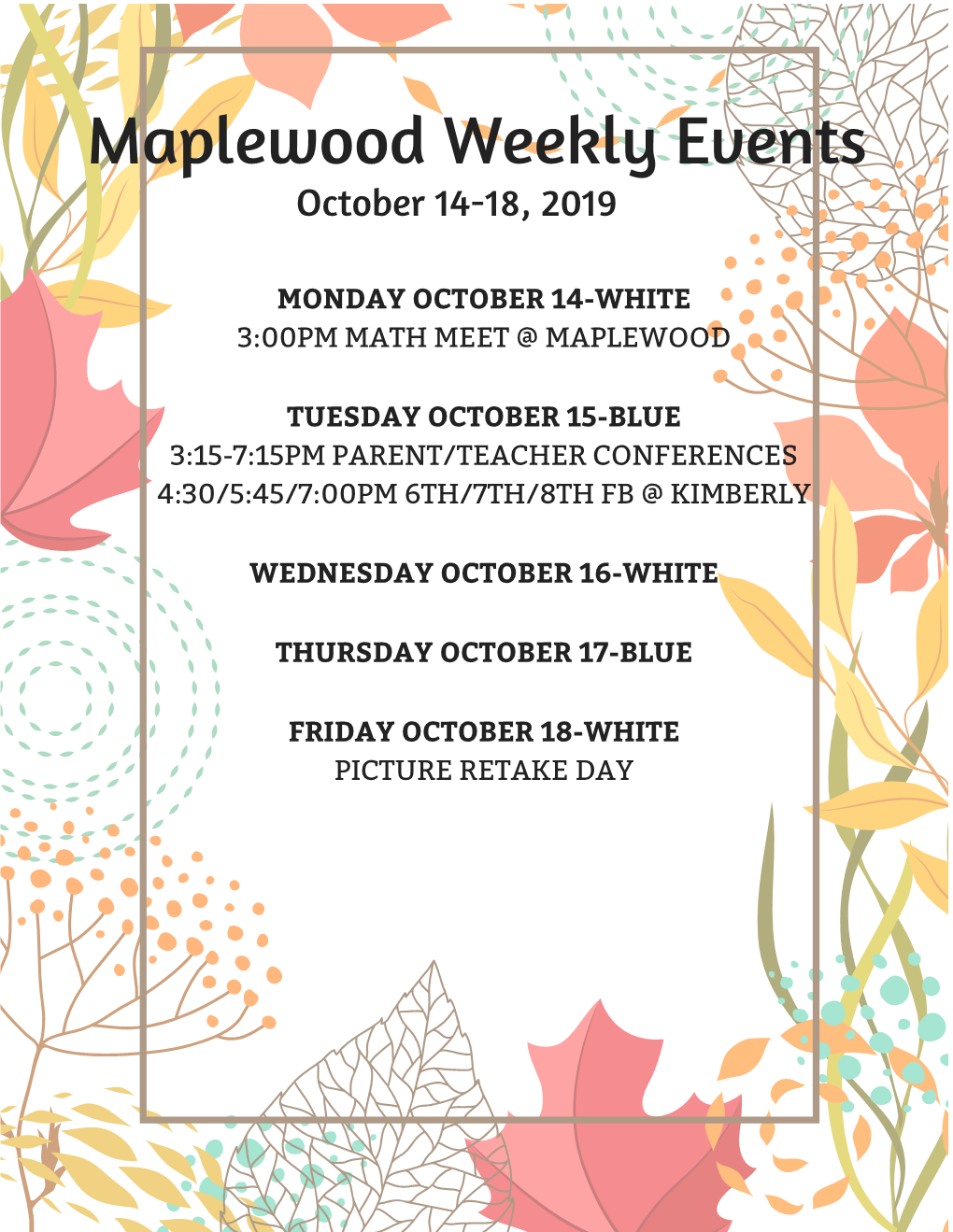 Maplewood Weekly Events October 14-18, 2019