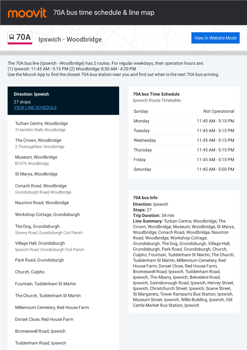 70A Bus Time Schedule & Line Route