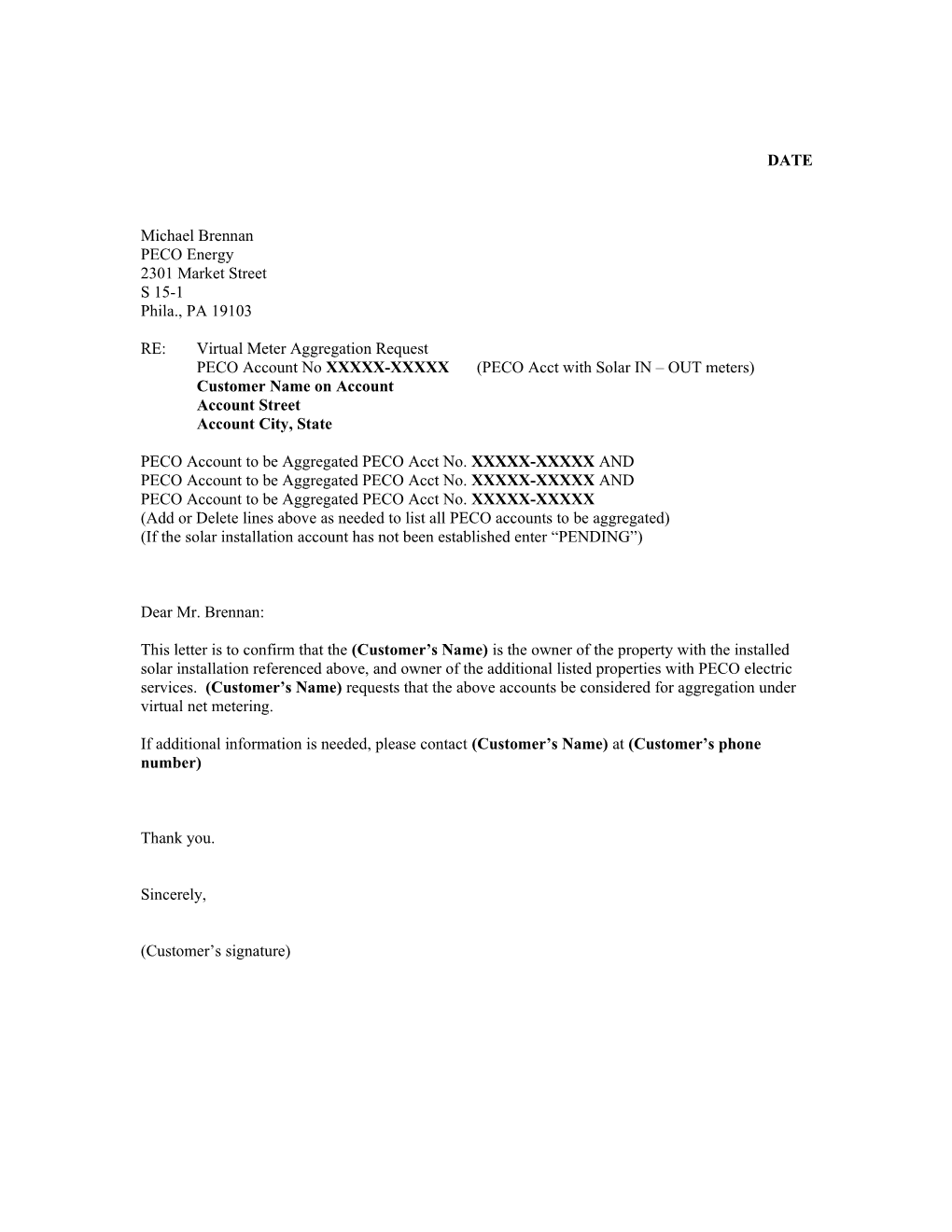 Virtual Meter Request Letter