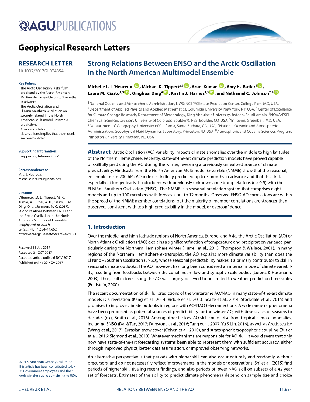 Strong Relations Between ENSO and the Arctic Oscillation in the North American Multimodel Ensemble