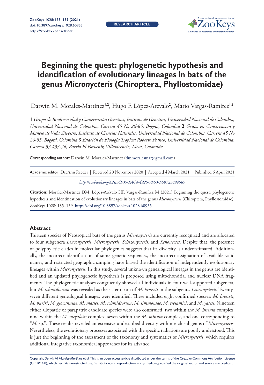 Beginning the Quest: Phylogenetic Hypothesis and Identification of Evolutionary Lineages in Bats of the Genus Micronycteris (Chiroptera, Phyllostomidae)