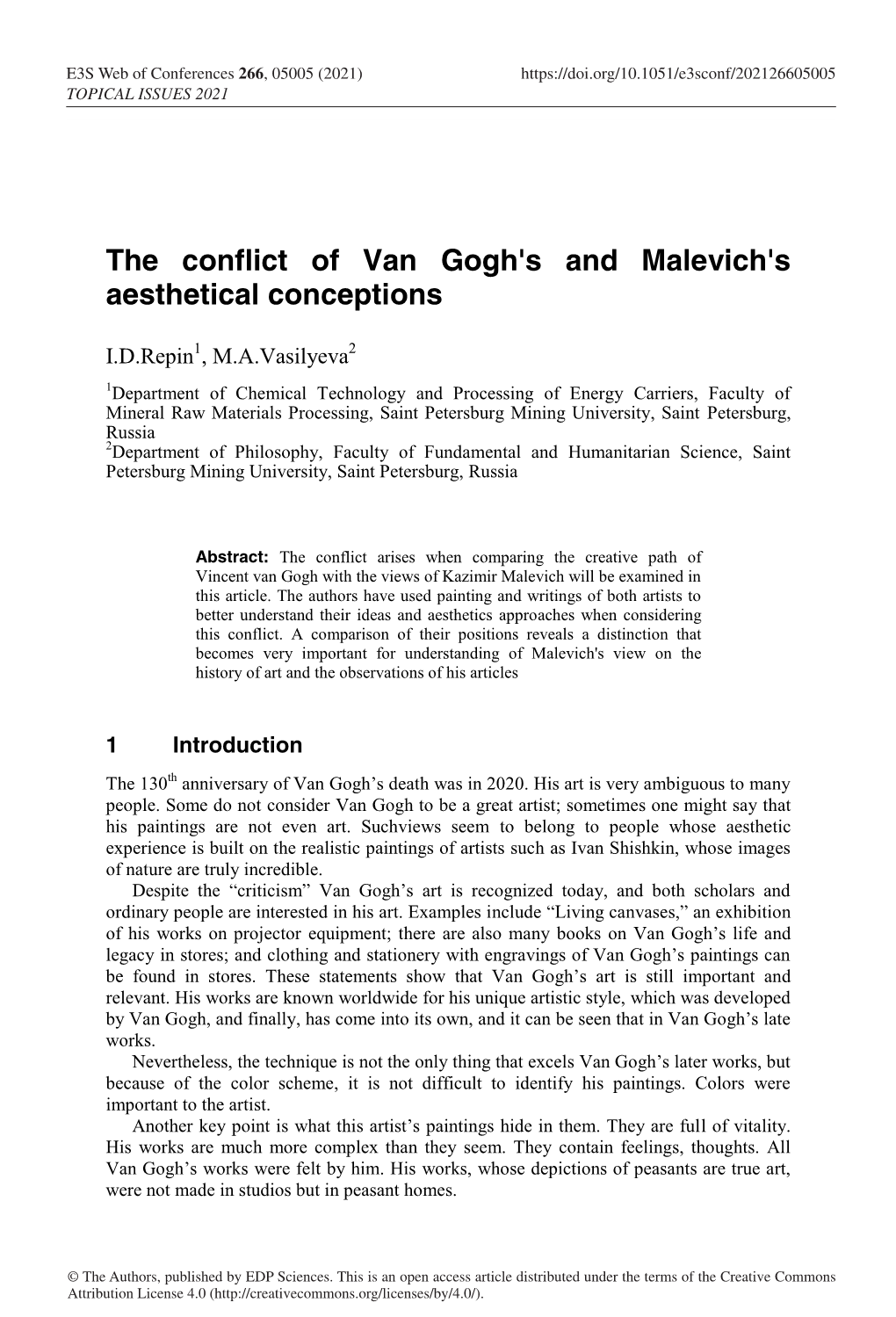 The Conflict of Van Gogh's and Malevich's Aesthetical Conceptions