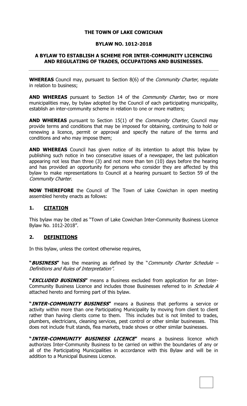 Town of Lake Cowichan Inter-Community Business Licence Bylaw No