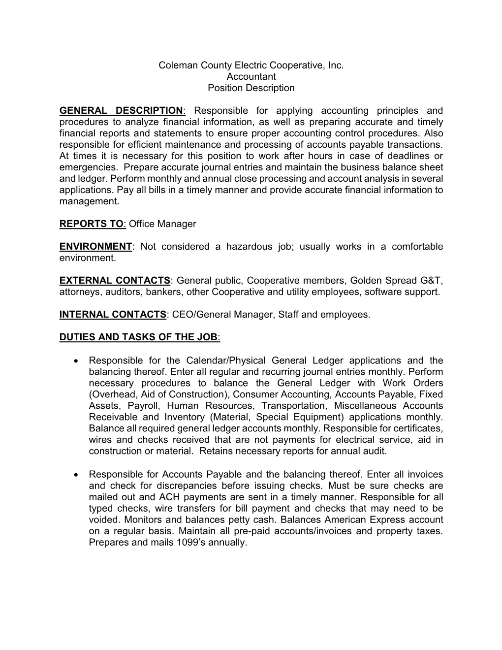 Coleman County Electric Cooperative, Inc. Accountant Position Description