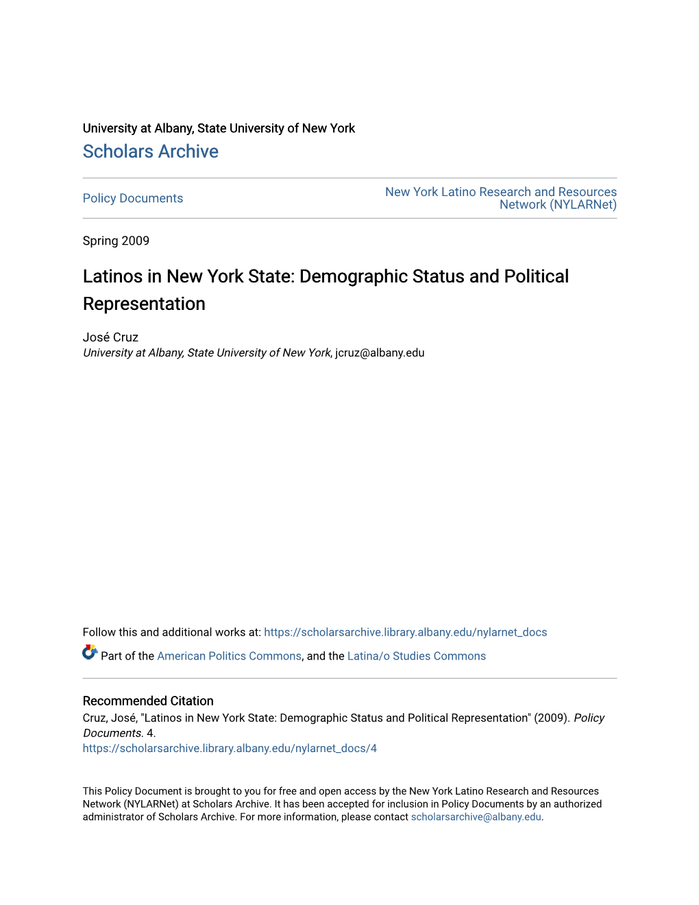 Latinos in New York State: Demographic Status and Political Representation