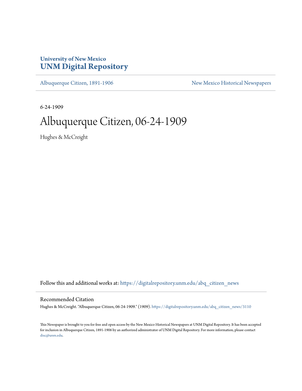 Albuquerque Citizen, 06-24-1909 Hughes & Mccreight