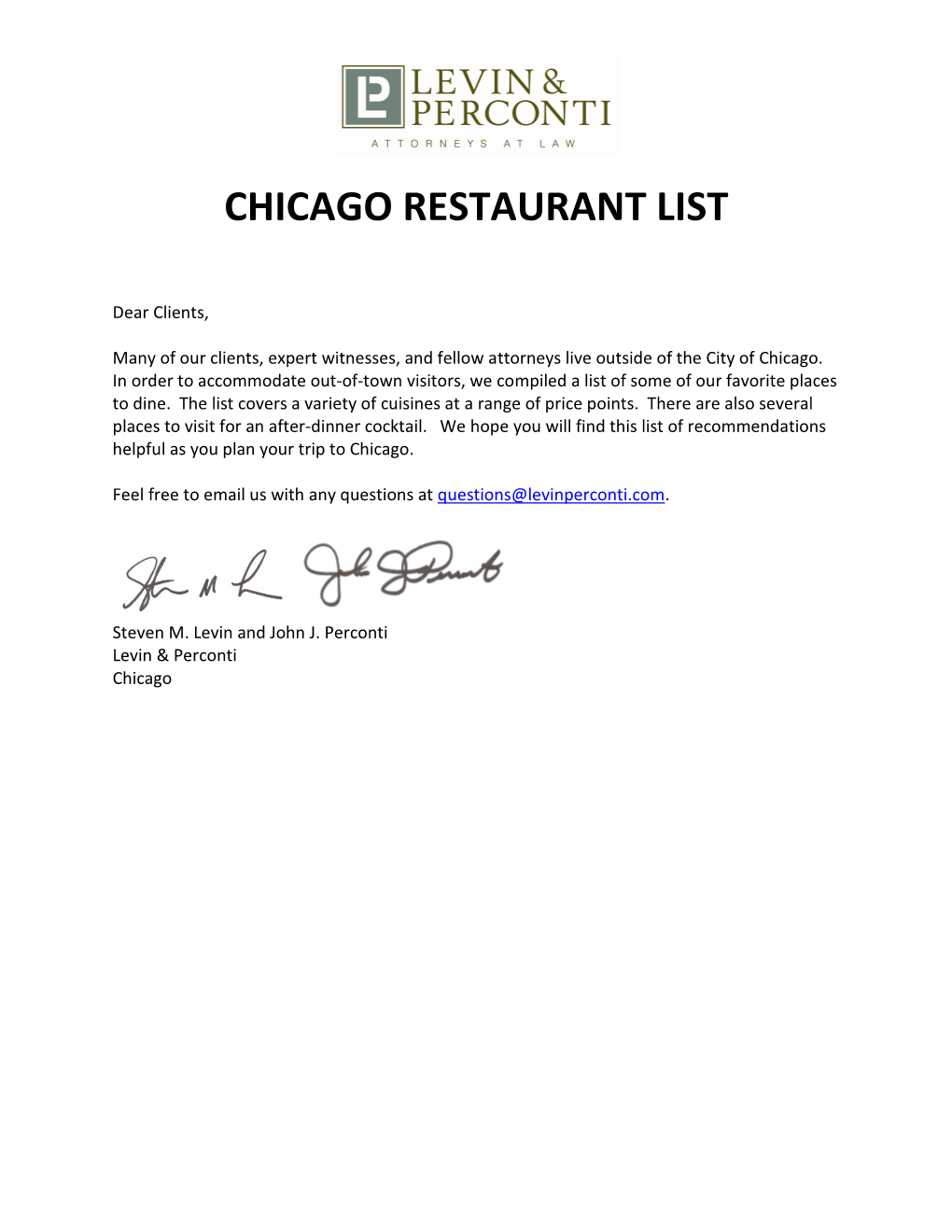 Chicago Restaurant List