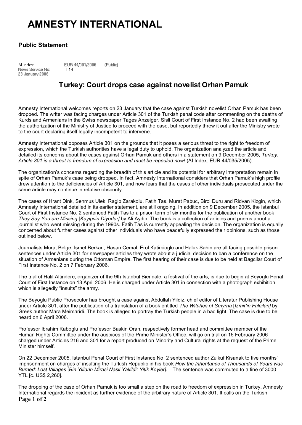 Turkey: Court Drops Case Against Novelist Orhan Pamuk