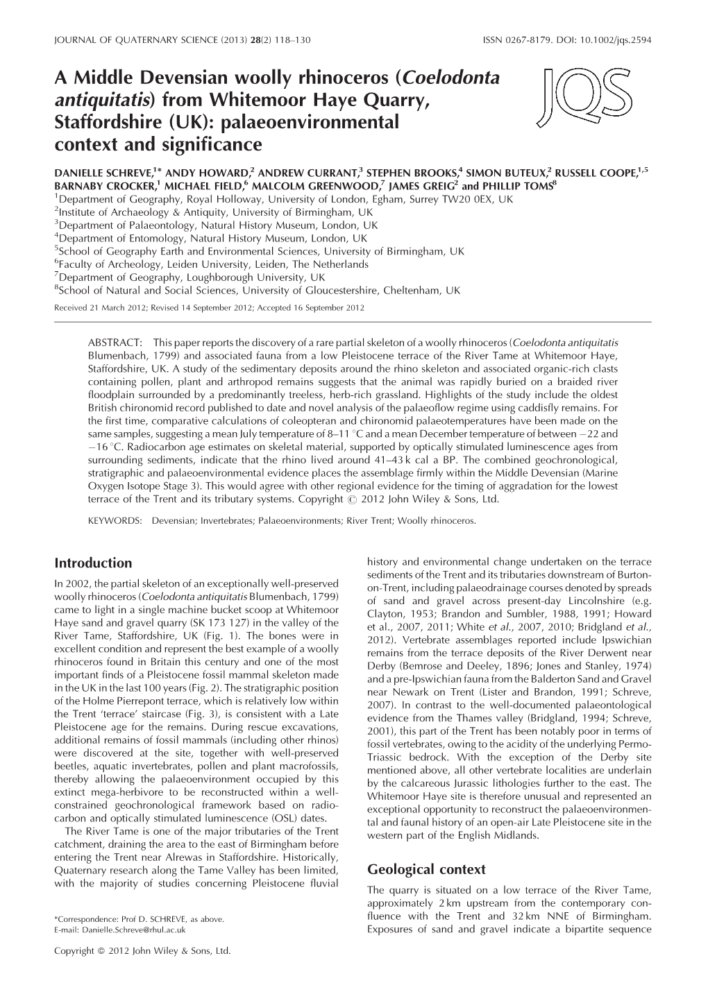 Coelodonta Antiquitatis) from Whitemoor Haye Quarry, Staffordshire (UK): Palaeoenvironmental Context and Signiﬁcance