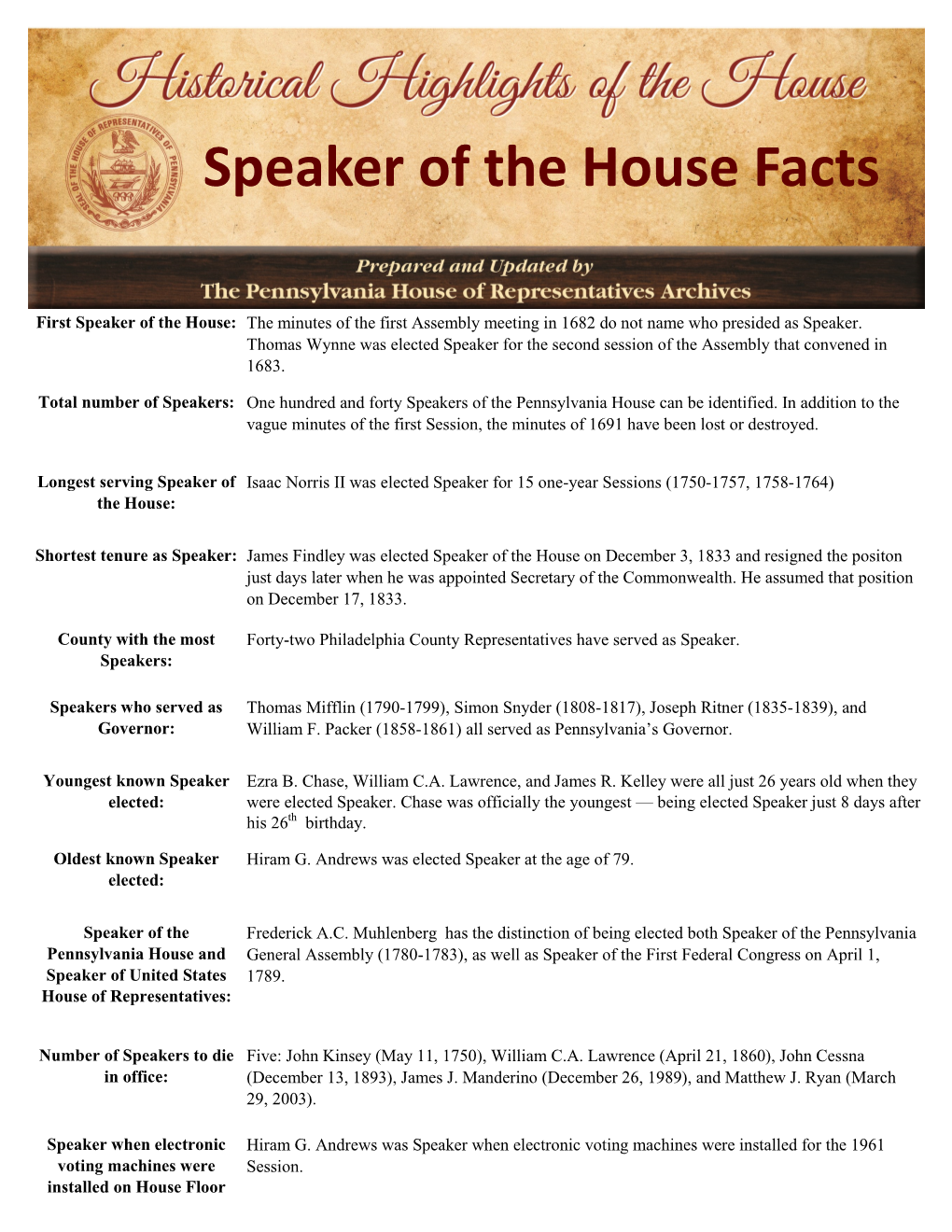 Speaker of the House Facts