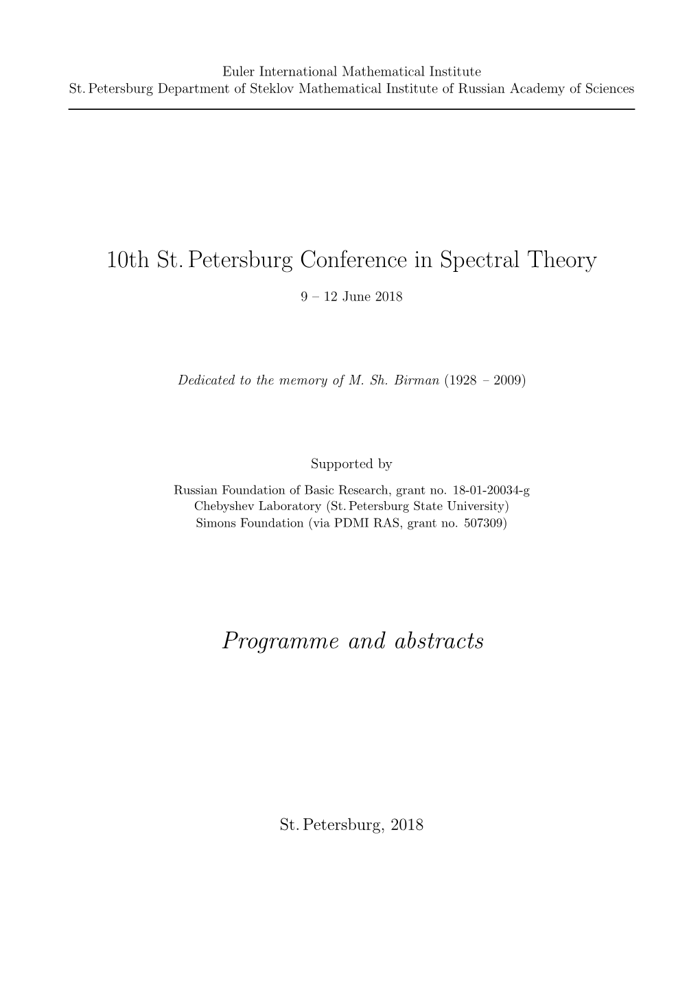 10Th St. Petersburg Conference in Spectral Theory Programme And