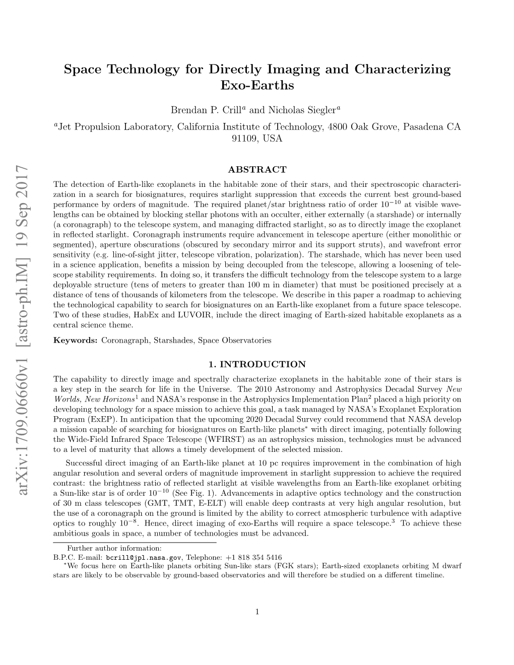 Space Technology for Directly Imaging and Characterizing Exo-Earths