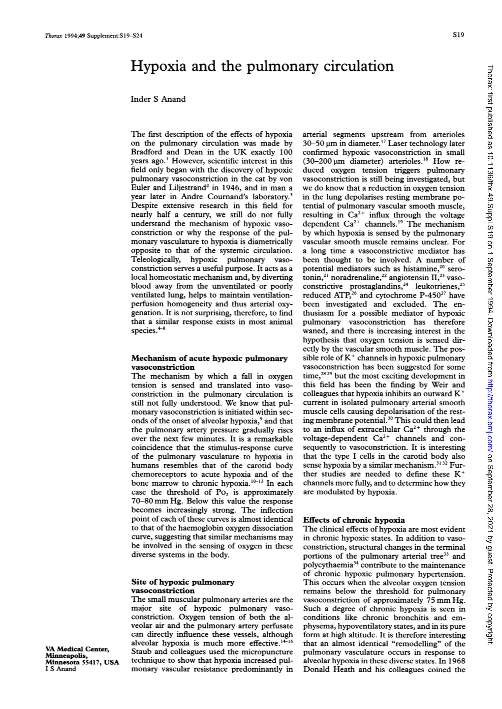 Hypoxia and the Pulmonary Circulation Thorax: First Published As 10.1136/Thx.49.Suppl.S19 on 1 September 1994