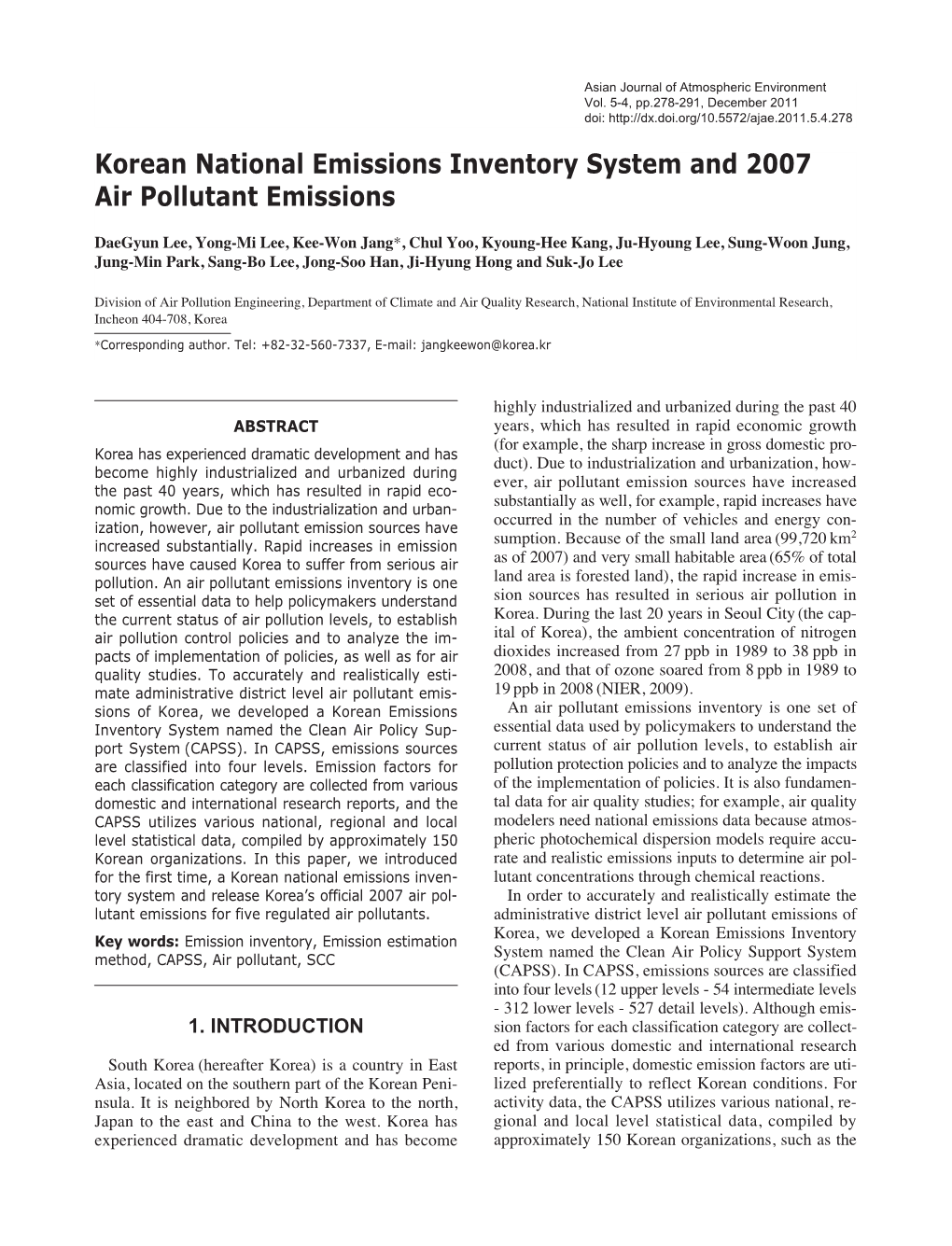 Korean National Emissions Inventory System and 2007 Air Pollutant Emissions